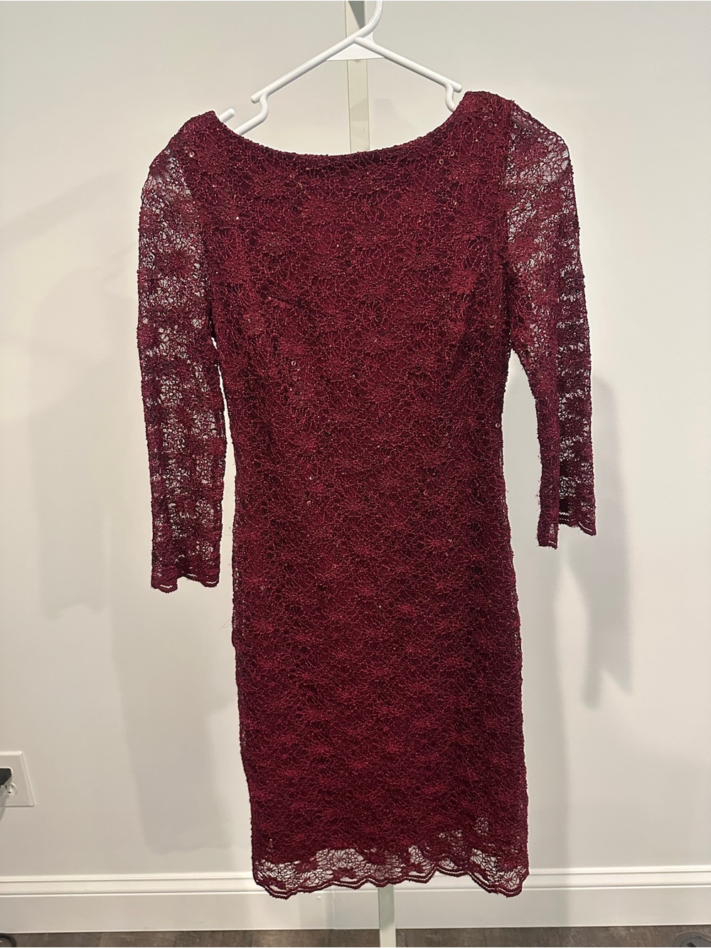 Calvin Klein Burgundy Lace Midi Wedding Guest Dress 3/4 Sleeve